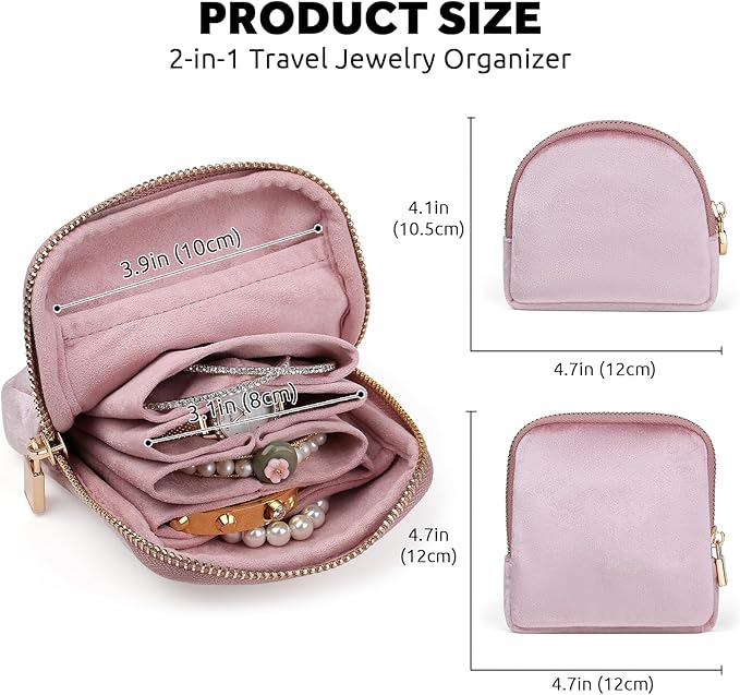 Small Travel Jewelry Case Set 2-in-1 Detachable Velvet Pouches, Portable Jewelry Organizer Bag for Rings Earrings Bracelets, Gift Box for Women (Blush Pink)