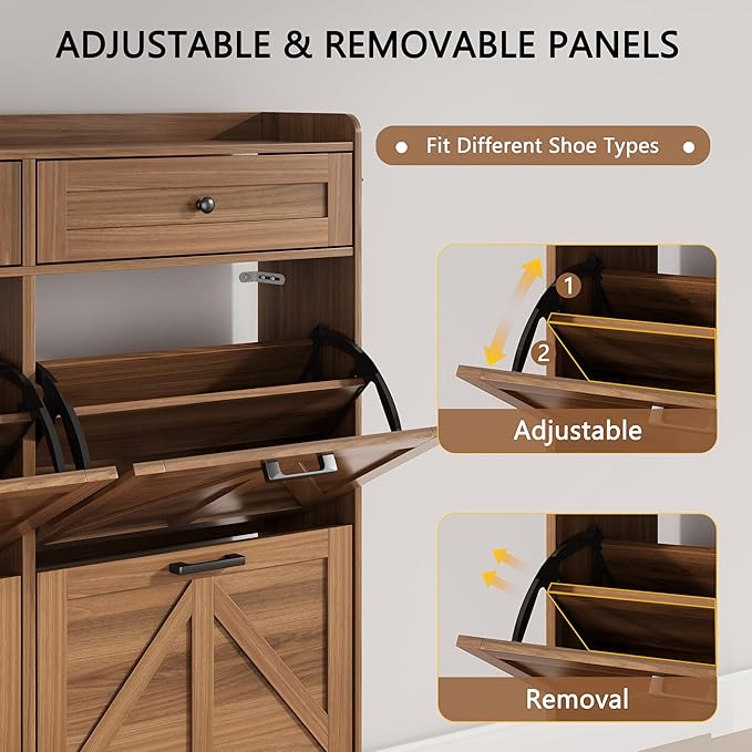 Shoe Cabinet with 6 Flip Drawers & 2 Top Drawers, 57" Tall Freestanding Narrow Wooden Shoe Storage Organizer for Entryway, Hidden Slim Shoe Rack for Front Door Entrance, Hallway, Living Room, Walnut