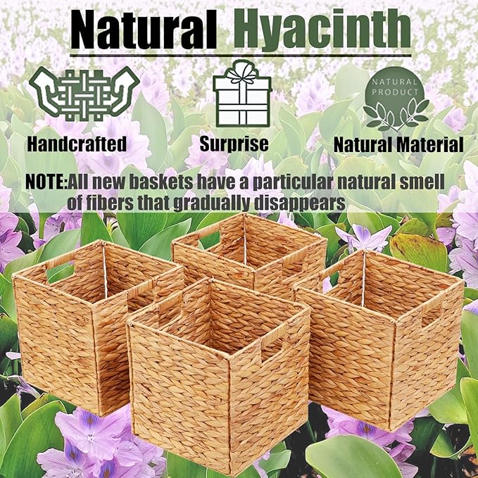 11x11in Storage Baskets 4 Pcs Square Baskets for Cube Shelf,Foldable Handwoven Water Hyacinth Storage Bins for Laundry Organizer