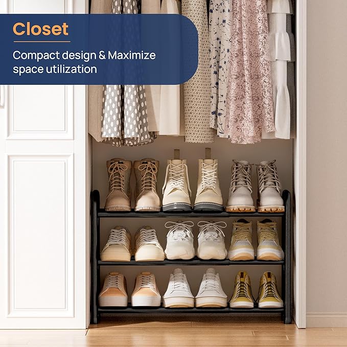 ENJOYBASICS 3 Tier Expandable Shoe Rack for Closet, Free Standing Metal Shoe Shelf Storage Organizer Holder 12 Pairs, Adjustable Width Shoe Rack for Entryway Small Space, Black | Adjustable, for Closet, Shoe Rack Storage, for Small Space, Entryway