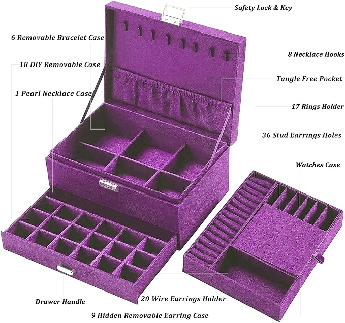 QBestry 3-Layer Jewelry Box for Women with Lock and Key & Drawer, Large Jewelry Organizer with 8 Necklace Hooks & 56 Earring Holes, Purple Velvet Jewelry Storage Box for Necklace Earring Ring Bracelet