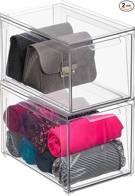 mDesign Plastic Stackable Closet Storage Organizer Bins with Pull Out Drawer for Cabinet, Desk, Shelf, Cupboard, or Dresser Organization - Lumiere Collection - 2 Pack - Clear