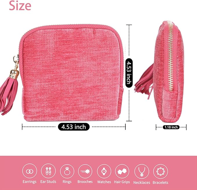 ASINGYER Travel Jewelry Storage Bag for Women, Velvet Portable Jewelry Organizer with Tassel Zipper, Small Pouches for Bracelets Necklaces Rings Earrings, Wedding Gift for Women (hot pink)
