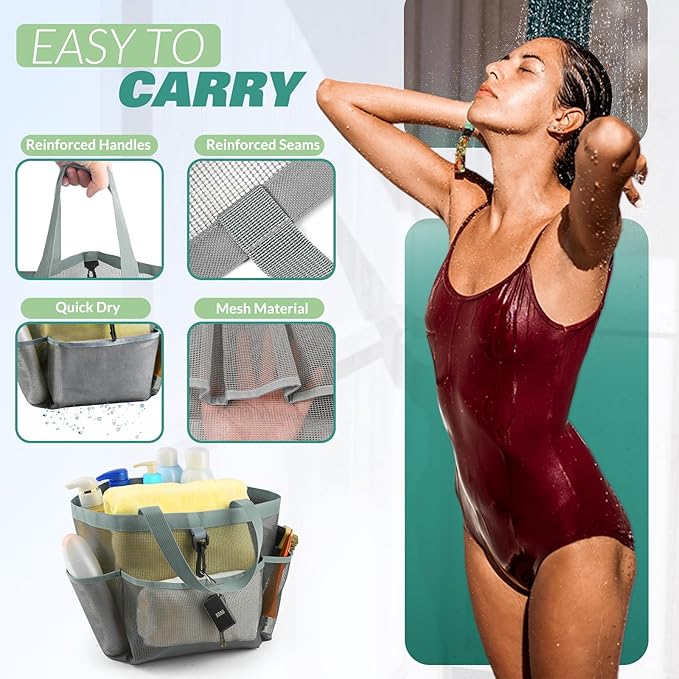 LOYEE Mesh Shower Caddy Portable for College Dorm Room Essentials with 8 Pockets, Shower Bag for Beach, Swimming, Gym, Travel, Bathroom(All gray)