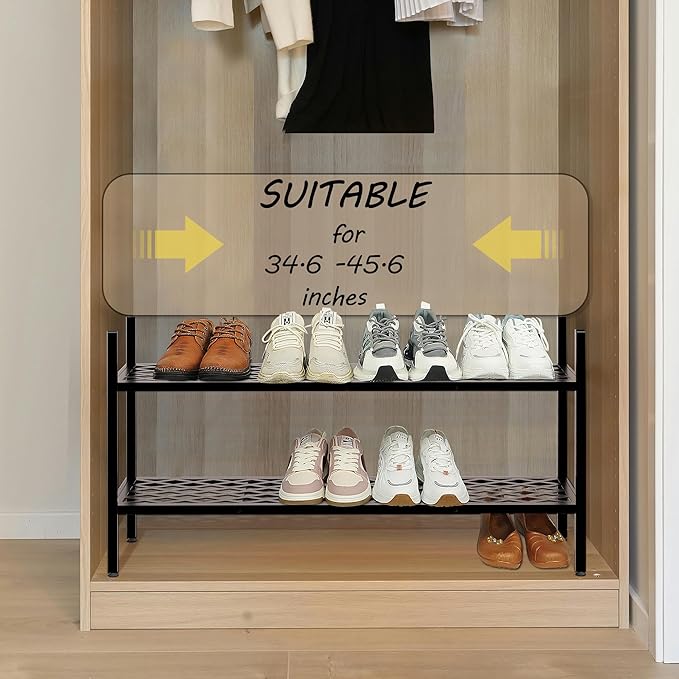 Shoe Rack, 45.6" Expandable Shoes Storage Metal Shoe Shelf Stand 2-Tier Stackable Boot Organizer for Closet, Entryway, Garage, Bedroom, Door Entrance, Black