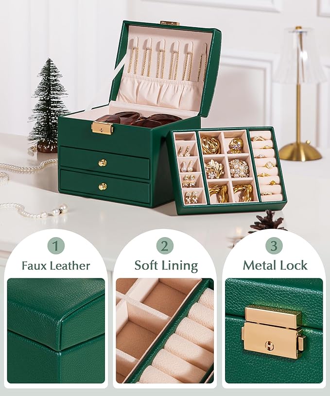 Homde Mothers Day Gifts Small Girls Jewelry Box with Lock: 3 Layer Organizer with Removable Tray - Storage for Ring Necklace Earring - Birthday & Return Gifts for Young Women (Midnight Green)