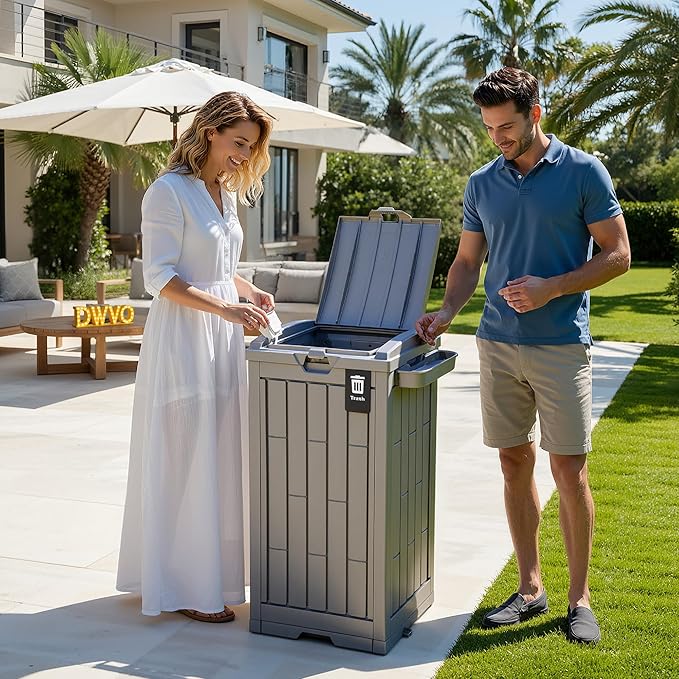 DWVO 38 Gallon Outdoor Trash Can, Set of 2 Resin Garbage Bins with Lids, Includes 2 Sorting Labels, Ash Holder, Stakes & Suction Cups, Hideaway Storage for Patio Backyard Garden, Light Brown