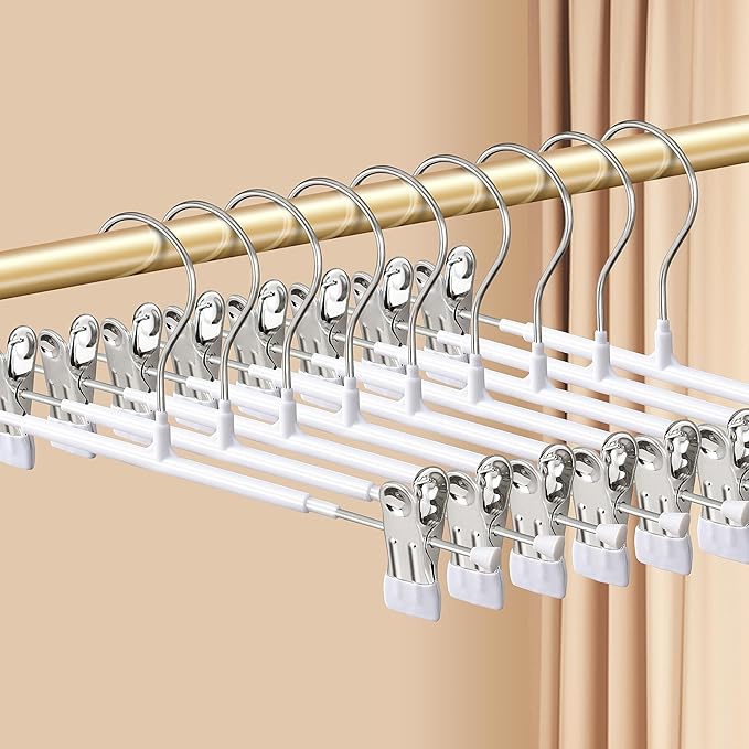 Pants Hangers with Clips 20 Pack Adjustable Skirt Hangers for Women Non-Slip Trousers Hanger for Jeans Clothes Hangers for Pants Heavy Duty Space Saving Shorts Hangers,White,14Inch