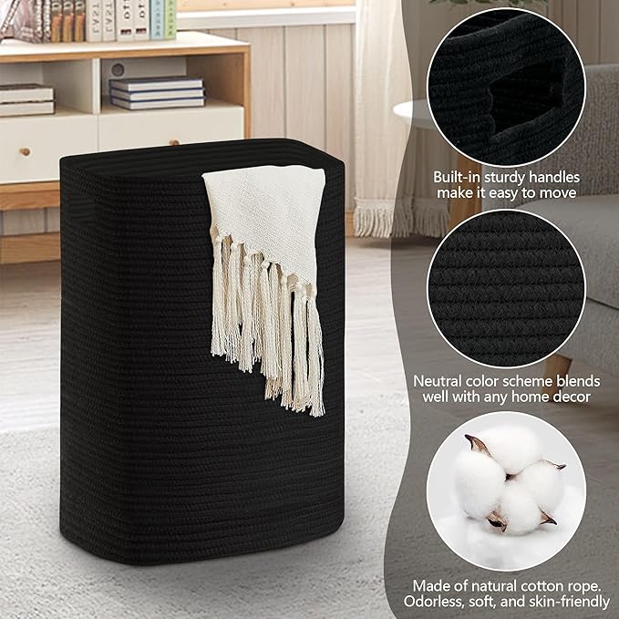 MEGASKET Large Laundry Hamper 16"x13"x22" - Tall Woven Laundry Basket, Cotton Rope Dirty Clothes Hamper, Baby Kids Nursery Wicker Laundry Basket, Bedroom Aesthetic, Soft Laundry Bin, Black Hamper, 75L