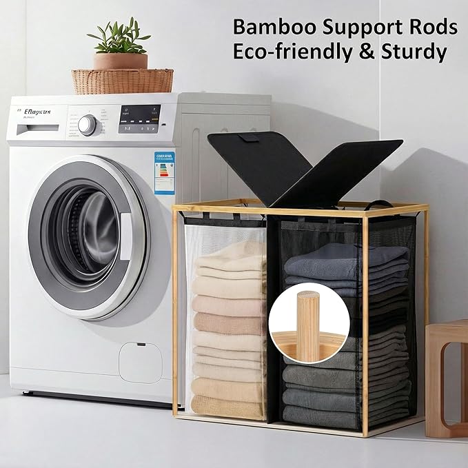 efluky Laundry Hamper with Lid, Double Laundry Hamper with 2 Removable Bags, 2 Section Laundry Basket with Bamboo Handles for Bathroom, Bedroom & Laundry Room, 140L (36.9 Gallon) Black