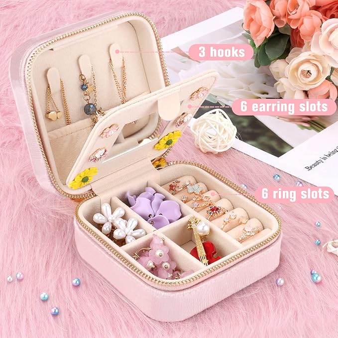 DesignSter Travel Jewelry Box - Velvet Mini Jewelry Organizer, Small Jewelry Case for Girls Women, Jewelry Storage Box for Rings Earrings Necklace (Square, Lotus Pink)