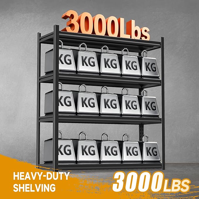72''H Garage Shelving, 5 Tier Heavy Duty Shelving, Garage Storage Shelves, 3000 lbs Capacity Adjustable Standing Shelf and Thickened Double-Layer Posts for Garage,Warehouse,Basement, Black