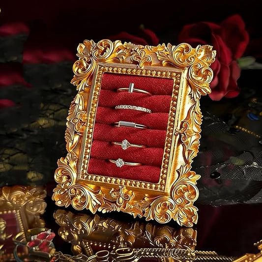 Vintage Ring Holder Rectangle Gold Velvet Display Stand - Baroque Jewelry Organizer Box Tray for Wedding Engagement Anniversary Women Birthday Christmas Gift Photograph Prop (MPF05-Gold Red)