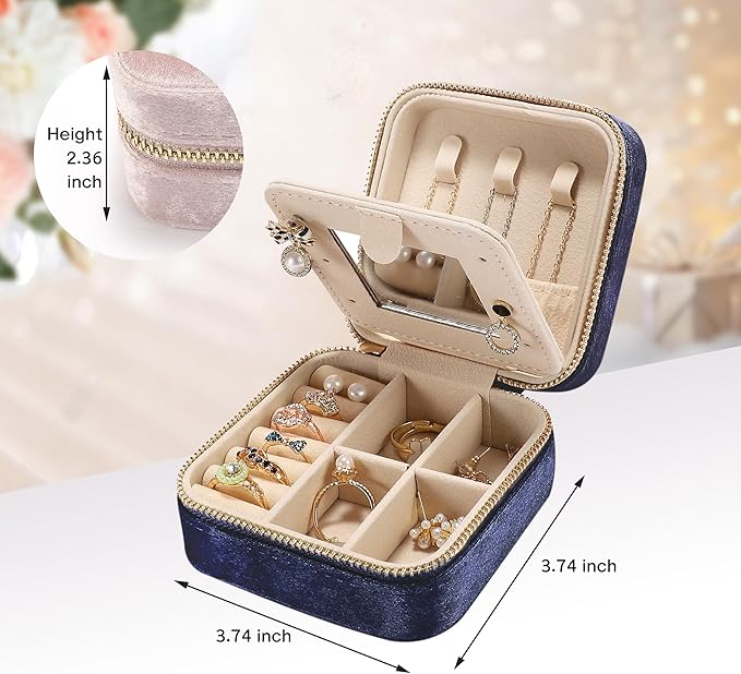 Plush Velvet Travel Jewelry Box for Women & Girls - Small Portable Organizer, Storage Case for Rings, Earrings, Necklaces & Bracelets – Ideal Gift for Travel & Occasions (Dark blue)