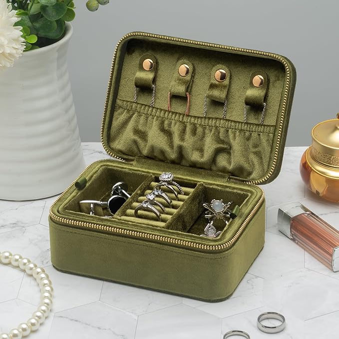 Velvet Travel Jewelry Organizer Box with Zipper Around Portable Accessory Display Tray Holder Storage Case for Multiple Earrings Rings Necklaces Bracelets (Olive Green)