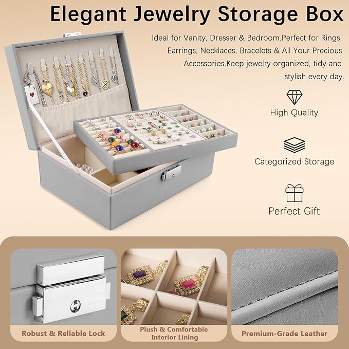 Homeanda Jewelry box 2 layer Jewelry box Leather Jewelry boxes for Women Girls Teens Jewelry organizer box Jewelry Storage box with lock(Grey)