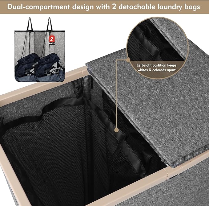 DOKEHOM 160L Double Laundry Basket with Removable Lid and Laundry Bags, Large Collapsible Laundry Hamper with 2 Sections (Dark Grey)