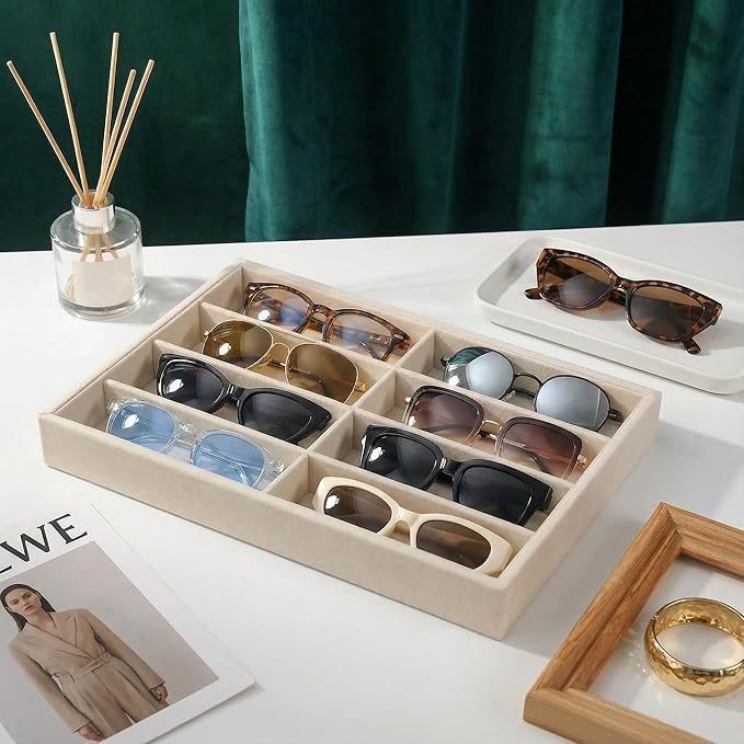 Jewelry Tray Velvet Jewelry Organizer with Clear Lid Transparent Earring Bracelet Organizer Holder Case with Clasp Drawer Insert for Rings Studs Gift for Women Girls (Sunglass Box)