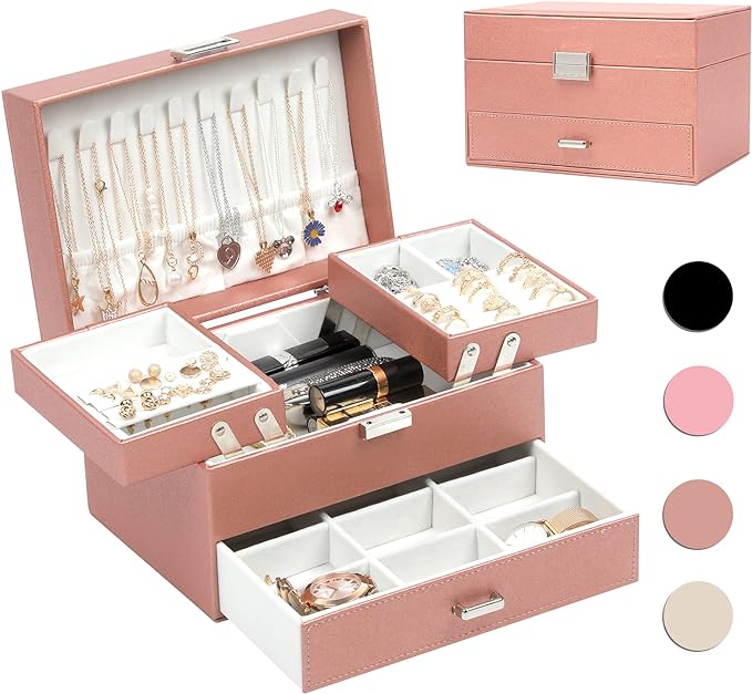 Dajasan Jewelry Organizer Box, Large Jewelry Boxes for Women Girls, Space-Saving 3 Layers Jewelry Storage Case with Drawer, Movable Metal Stand, Modern, Gift Idea (Champagne)