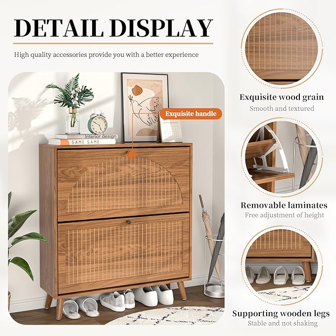 Fsbecl Shoe Storage Cabinet for Entryway with 2 Flip Drawers, Narrow Wood Shoe Cabinet with Fluted Panel, Freestanding Hidden Shoe Organizer for Foyer, Hallway (Walnut)