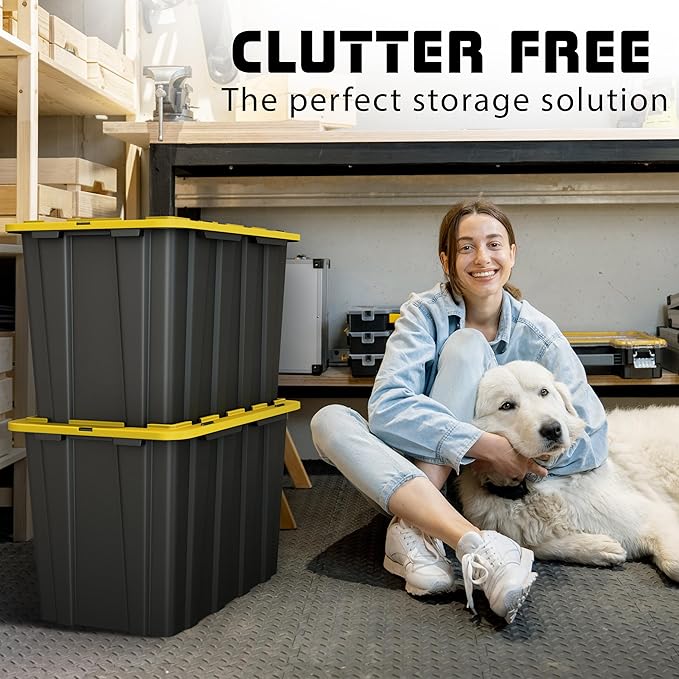 4 PACK X-Large Black & Yellow Storage Bins | Plastic Tote Organizing Container with Secure Latching Lids, Stackable, Extra Strength with Built in Handle | Black and Yellow Bins | 24.5" x 16.5" x 16.6"