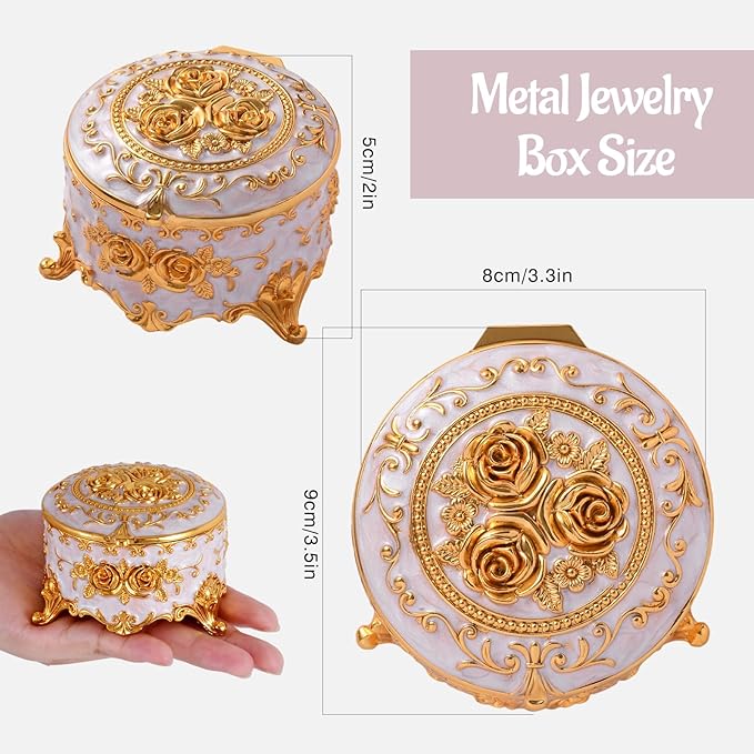 Vintage Jewelry Box, Gold Round Treasure Ring Box, Metal Trinket Organizer Keepsake Box Gift for Girl Women, Beige