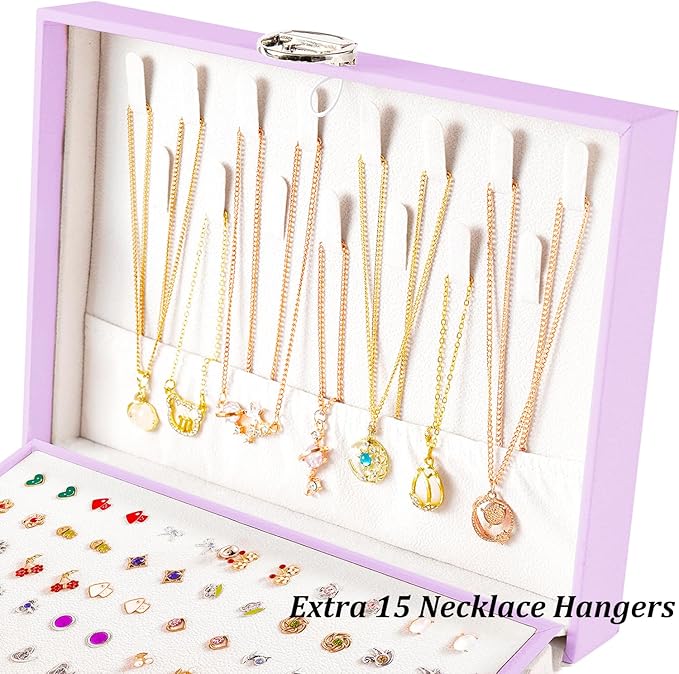 QBestry Earrings Jewelry Box for Girls, 5 Layers Jewelry Organizer with Earring Holder Organizer for Girls Earring Organizer Jewelry Boxes for Women Earrings and Necklaces Jewelry Box Organizer Violet