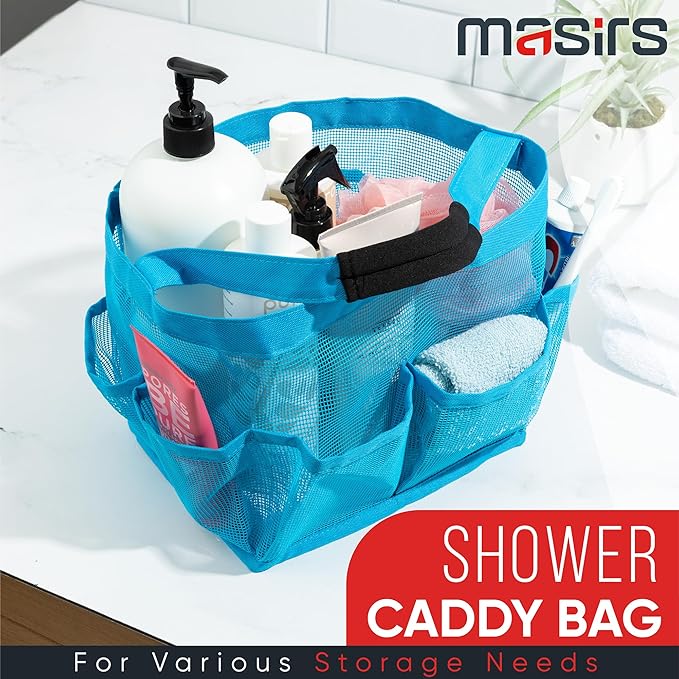 Masirs Mesh Shower Caddy – 9 Pocket Portable Shower Tote Bag for College Dorm Room Essentials, Quick-Dry Bathroom Organizer for Travel, Gym, Camping, Beach – Lightweight Collapsible Blue