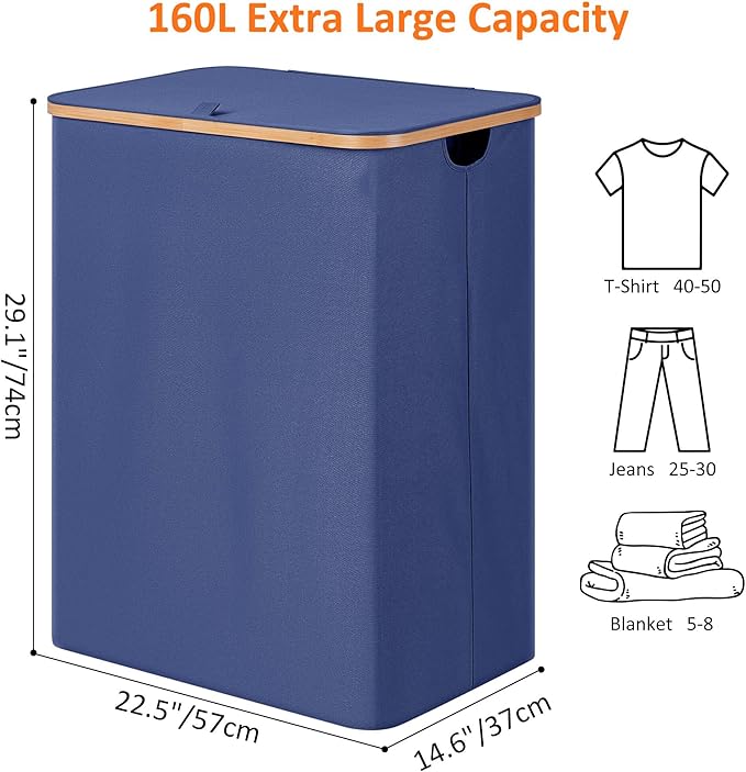 efluky Laundry Hamper with Lid, Trio Laundry Hamper with 3 Removable Bags, 3 Section Laundry Basket with Bamboo Handles for Bathroom, Bedroom & Laundry Room, 160L Blue