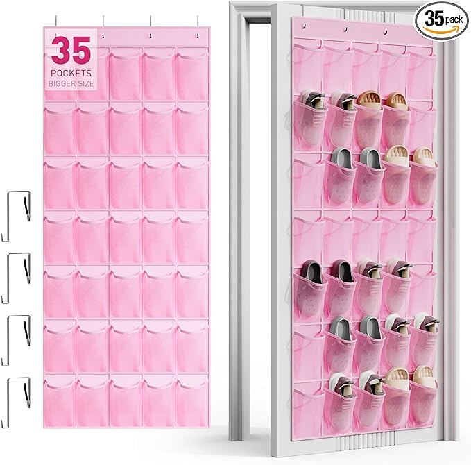 WVM Over the Door Shoe Organizer with 35 Breathable Mesh Pockets, Hanging Shoe Organizer for Door with 4 Metal Hooks, Large Capacity Closet Storage for Shoes, Accessories