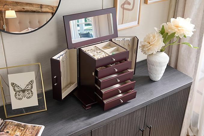 Brown 5 Layer Jewelry Box for Women,Top With Mirror Wooden Jewelry Organizer,With 8 Hook And Velvet Lining Large Jewelry Storage,For Watch Necklace Ring Earring Storage Gifts