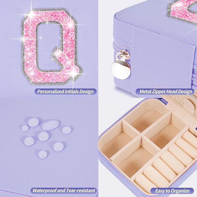 Uygafly Personalized Jewelry Case for Women Girls - Fashion Mini Jewelry Boxes - Trendy Travel Jewelry Organizer with Initials Letter - Teen Gifts | Lavender,Q