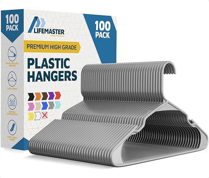 Lifemaster Plastic Clothes Hangers – Heavy Duty Hanger Set, for Organizing Clothes, Dresses, and Coat, Holds Up to 5 lbs, Space-Saving Hangers with Non-Slip Shoulder Grooves, Pack of 100, Gray