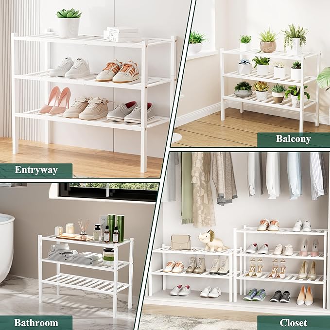 Smiry Shoe Rack, 4 Tier Long Bamboo Shoe Organizer, Stackable Free Standing Wooden Shoe Storage Shelf for Closet, Entryway, Front Door Entrance, White