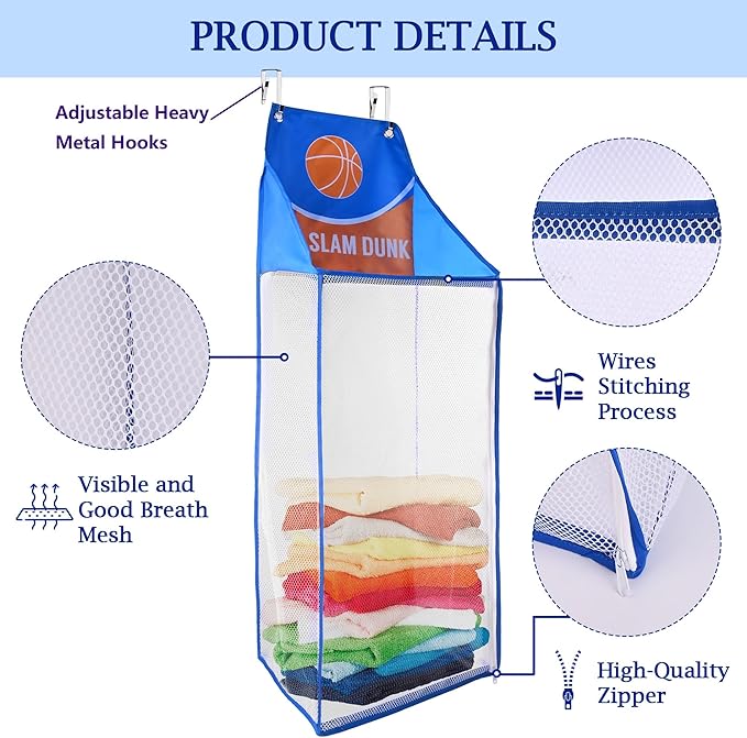 SPINFOX 2 Pack Over the Door Laundry Hamper, Hanging Basketball Laundry Hamper with Zipper, Foldable Mesh Laundry Bakset for Dirty Cloth Toy Towel Saving Space Storage and Organization - Basketball