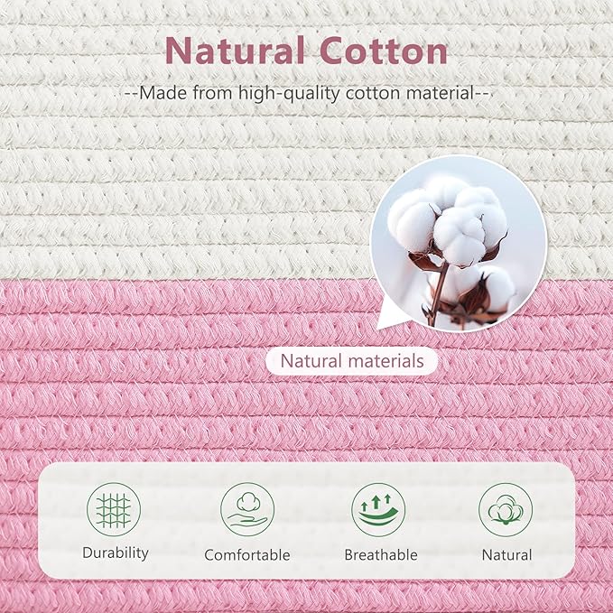 ECDYQXVU Cotton Rope Shelf Storage Basket, 15x10x9 in, Shelf Storage Baskets for Clothes, Towels, Books, Laundry (White/ Pink, 1 Pack)