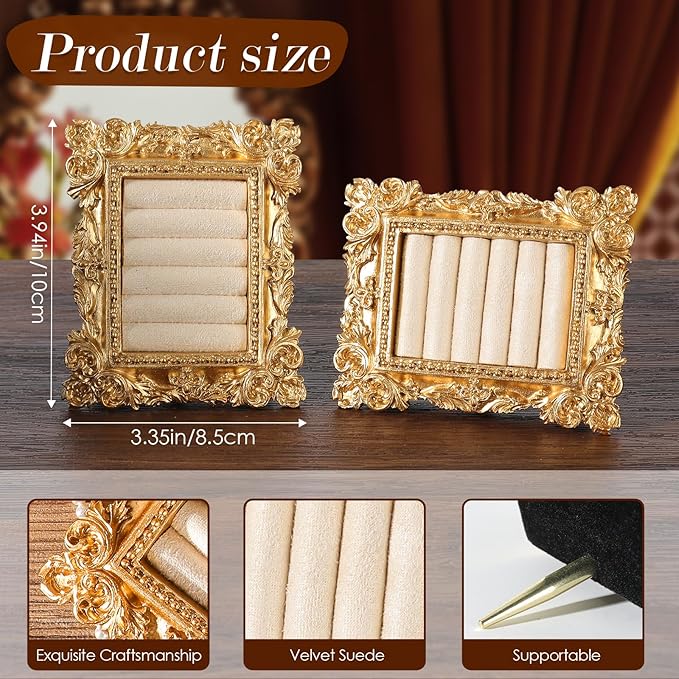 Vintage Ring Holder Rectangle Gold Velvet Display Stand - Baroque Jewelry Organizer Box Tray for Wedding Engagement Anniversary Women Birthday Christmas Gift Photograph Prop (MPF05-Gold White)