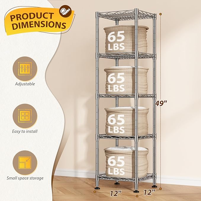 DurayLoly Set of 2 Metal Shelving-5 Tier Storage Shelves:AdjustableShelving and Units Standing Shelving Storage Rack Narrow Shelf for Kitchen Pantry Closet Office 12''Wx12''Dx49''H Chrome