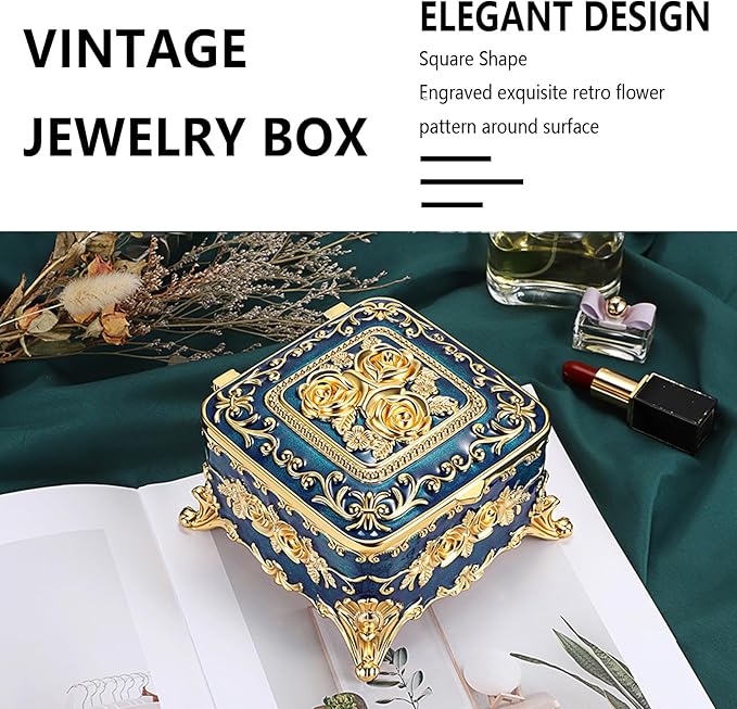 Hipiwe Metal Jewelry Box Decorative Trinket Chest Rectangular Treasure Display Case Keepsake Organizer for Earrings Ring Holder, Blue, 5.1" L x 5.1" W x 3.1" H