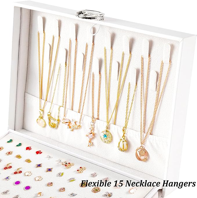 QBestry Earring Jewelry Box for Women Girls Stud Organizers, 5 Layers White Jewelry Organizer Box with Lock Necklaces and Earrings Holder Jewelry Box with Earring Organizer for Women Girls Xmas Gifts