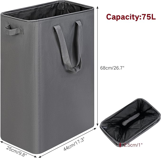 efluky Slim Laundry Basket, Narrow Laundry Hamper with Handles, Collapsible Dirty Clothes Hamper, Tall Laundry Bin for Laundry Room, Dorm and Bedroom, 19.8 Gallon (75L) Grey (Pack of 2)