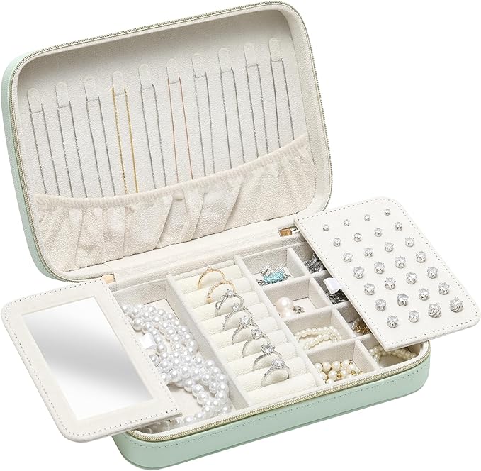Genuine Leather Travel Jewelry Organizer Case Box with Mirror for Women, Small Mini Portable Jewelry Box for Ring Earrings Necklace Bracelet Luxury Gift for Women（Mint Green）