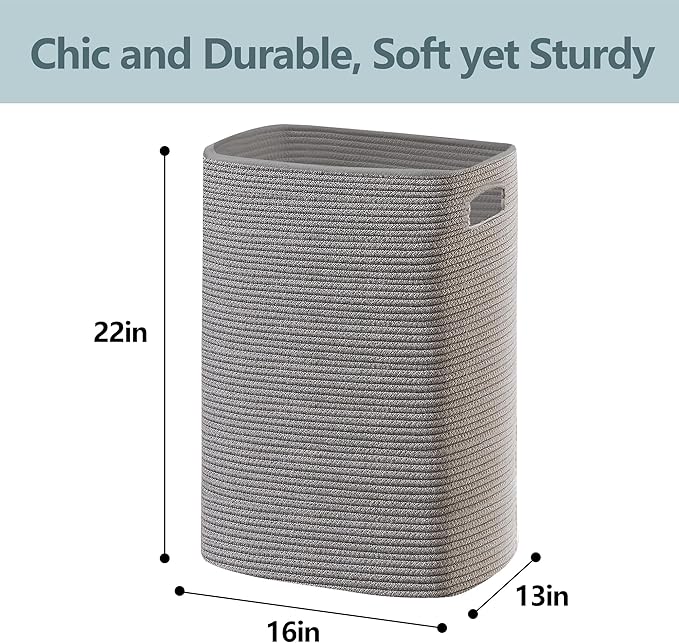 MEGASKET Large Laundry Hamper 16"x13"x22" - Tall Woven Laundry Basket, Cotton Rope Dirty Clothes Hamper, Baby Kids Nursery Wicker Laundry Basket, Bedroom Aesthetic, Soft Laundry Bin, Gray Hamper, 75L