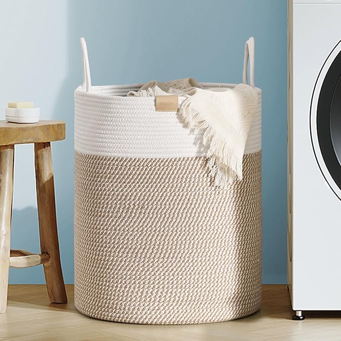 Nunsino Laundry Hamper 62L,Large Laundry Basket for Clothes,Decorative Storage Basket for Blankets,Cotton Rope Woven basket for bedroom,Brown White