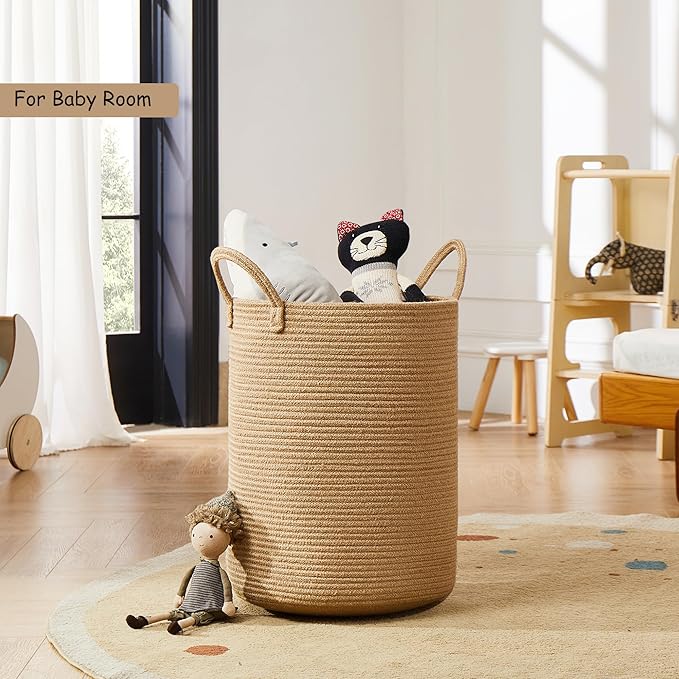 60L Jute Woven Laundry Hamper Basket Wicker Rope Clothes Hamper Tall Rattan Blanket Basket in Living Room Bedroom 15Dx20H Inches Large