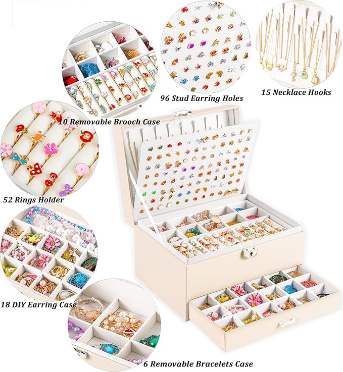 QBestry Earrings Jewelry Box for Girls, 5 Layers Jewelry Organizer with Earring Holder Organizer for Girls Earring Organizer Jewelry Boxes for Women Earrings and Necklaces Jewelry Box Organizer Beige