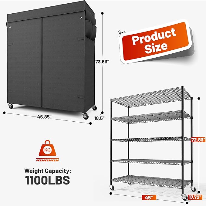 REIBII 45''W Storage Shelves with Cover & Wheels, Metal Shelving Waterproof Dustproof, Wire Shelving Unit Covers, Garage Storage Rack Wire Shelf for Kitchen Pantry, Storage Room, 45Wx17.72Dx72.83H
