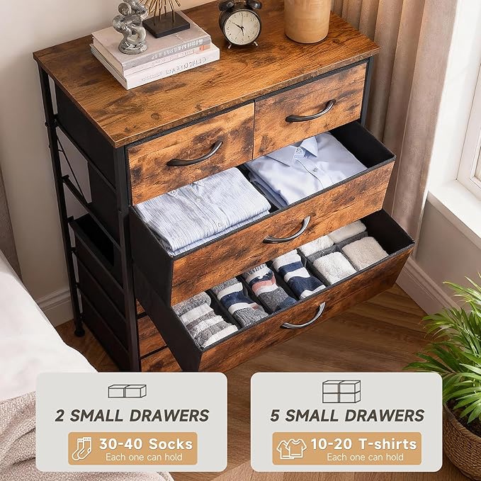 Mifuro Tall Dresser for Bedroom, Vertical Storage Organizer Tower with 7 Drawers, Chest of Drawers with Fabric Bins, Steel Frame, Wood Top for Bedroom, Closet, Entryway- Rustic Brown