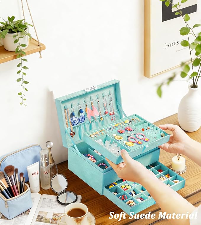 QBestry 3-Layer Jewelry Box for Girls & Teens with Lock and Key, Large Jewelry Organizer with 8 Necklace Hooks & 56 Earring Holes, Teal Velvet Jewelry Storage Box for Necklaces Earrings Rings Bracelet