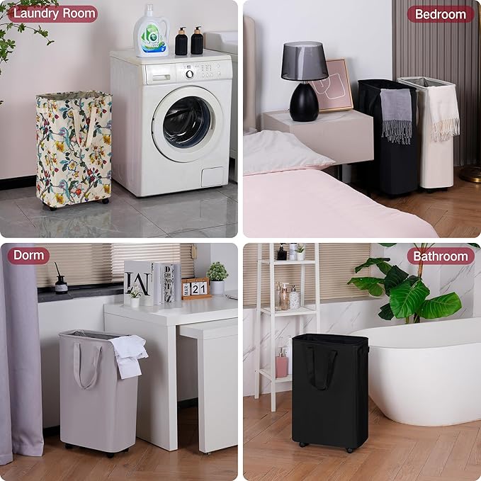 efluky Slim Laundry Hamper with Wheels, Rolling Laundry Basket for Clothes, Small Laundry Basket for Bedroom, Dorm and Laundry Room, 75L (19.8 Gallons) Floral